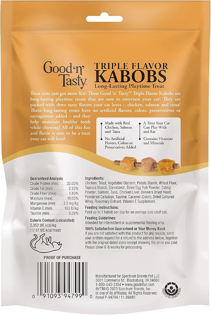 Good ‘n’ Tasty Triple Flavor Kabobs Cat Treat, 1.4 Ounce Bag, Long-Lasting Playtime Treat for Cats Made with Real Chicken, Salmon & Tuna