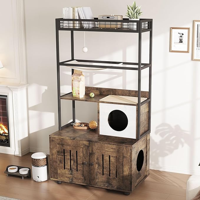 Cat Litter Box Enclosures with Storage Rack, Enclosed Litter Box Furniture, Hammock, Sisal Balls and Cat Scratching Mat