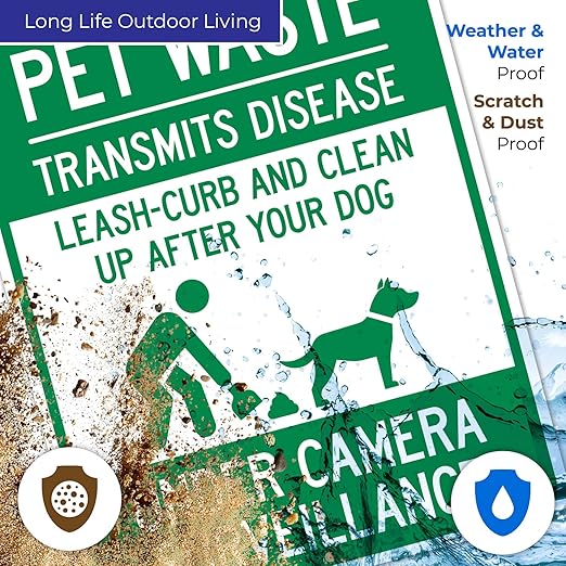 Pet Waste Leash-Curb and Clean Up After Your Dog Under Camera Surveillance Sign, 24x30 Inches, 55 mil Thick HDPS (high Density polystyrene), Made in USA