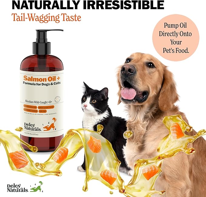 Deley Naturals Wild Alaskan Salmon Oil for Dogs & Cats - New and Improved Salmon Oil Plus Formula - Fish Oil for Dogs with Omega 3, DHA and EPA - Omega 3 for Healthy Skin and Coat - 16oz Made in USA