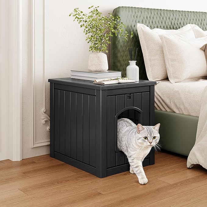 Litter Box Enclosure, Waterproof & Weatherproof Plastic Cat House for Indoor Outdoor Use, Multi-Functional Hidden Litter Box Furniture for Living Room, Backyard, Patio, Garage (Black)
