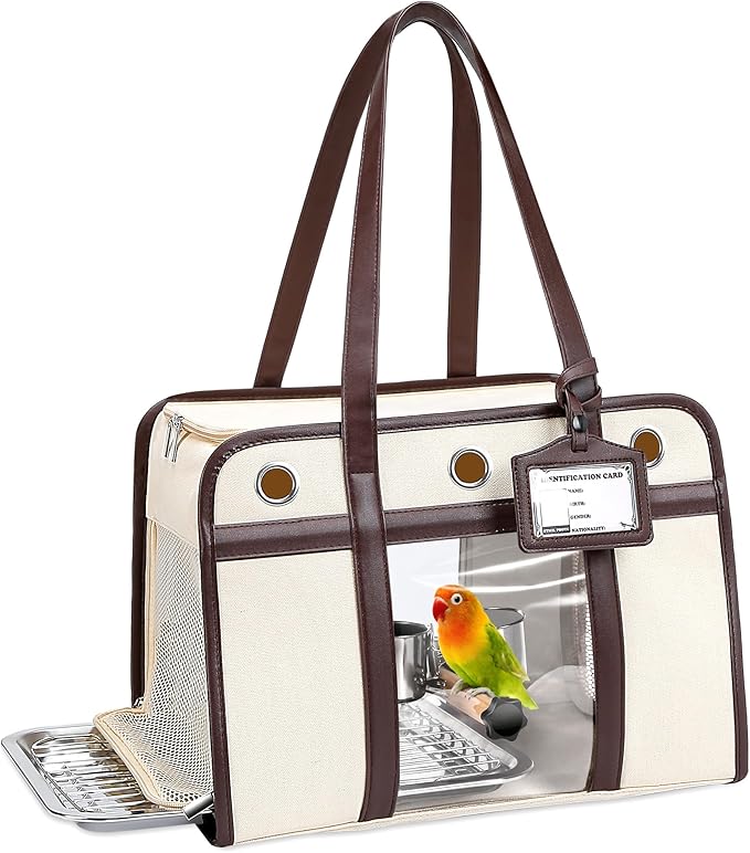 Sanmoncare Stylish Bird Carrier with PU Leather Handle, Portable Parrot Travel Bag for Cockatiels & Conures, Lightweight Bird Cage with Stainless Steel Tray & Side Door for Easy Cleaning, White