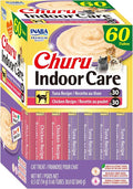 INABA Churu Indoor Care for Hairball Control, Functional Lickable Cat Treat with Taurine & Green Tea Extract, 0.5oz Each, 60 Tubes Total, Tuna & Chicken Variety