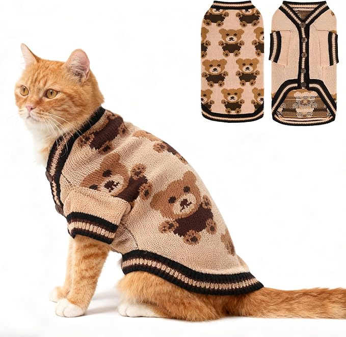 EXPAWLORER Cat Sweater Cardigan - Stylish Knit Cat Clothes, Soft Puppy Sweater with Sleeve, Cute Warm Pet Clothing Knitwear, Fall Winter Kitten Coat for Girl Boy Cats, Bear Small