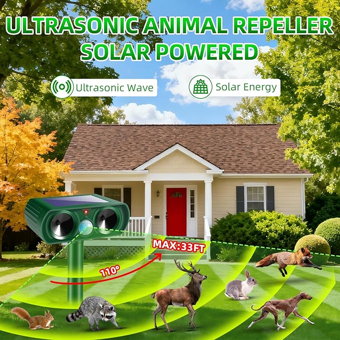 2 Pack Solar Ultrasonic Animal Repeller Outdoor, Cat Deer Repellent Devices with Motion Sensor, IP65 Waterproof Animal Deterrent Devices for Squirrels,Rabbits,Dogs,Raccoons,Skunks for Garden Yard Farm