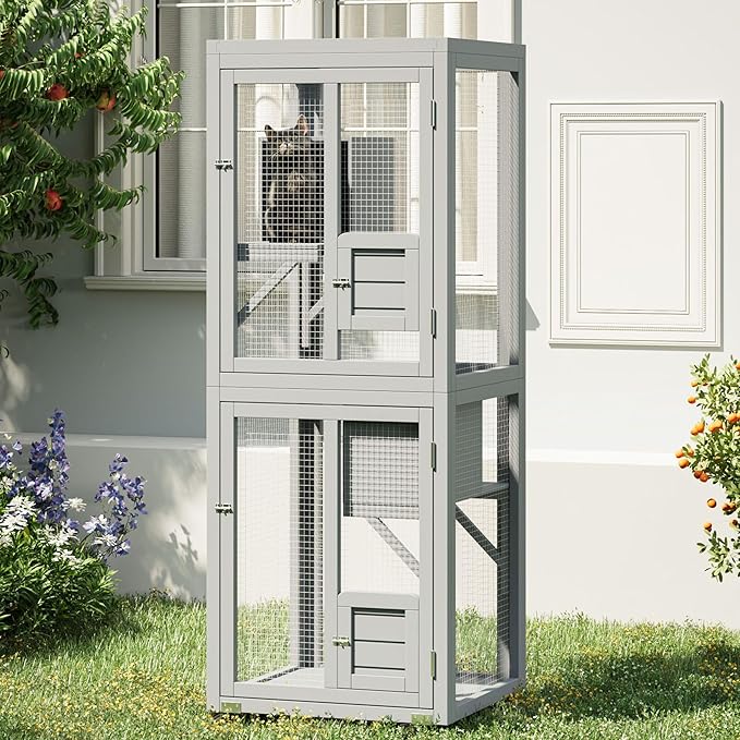 64.7 Inch Catio Outdoor Cat Enclosure, Large Cat House for Outdoor Cats with Enhanced Security Structure, Outside Cat Patio Cattery Weatherproof for Multiple Indoor Outdoor Cats, Grey