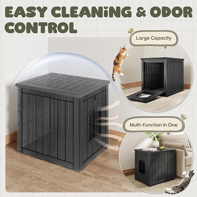 Litter Box Enclosure, Waterproof & Weatherproof Plastic Cat House for Indoor Outdoor Use, Multi-Functional Hidden Litter Box Furniture for Living Room, Backyard, Patio, Garage (Black)