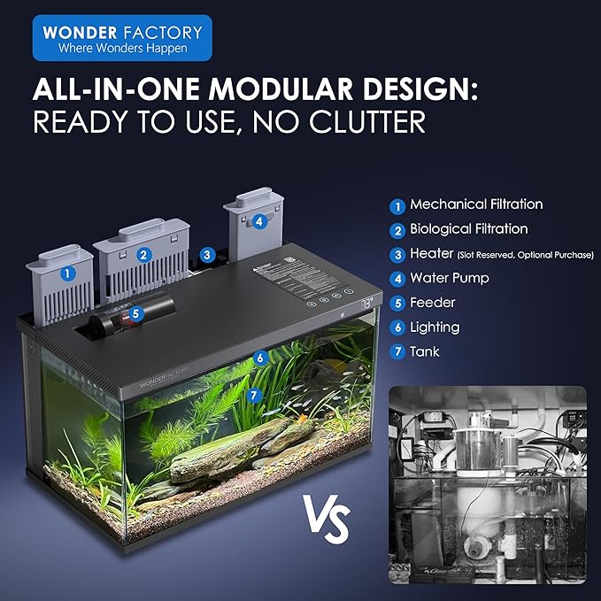 Wonderfactory Smart Aquarium Fish Tank 5 Gallon Starter kit, Self Cleaning System Efficiency Filter 7 Color LED Lights Automatic Feeder Temperature Display Monitor HD Glass, Smart Control with Apps