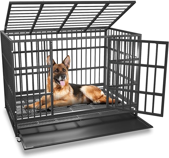48 inch Heavy Duty Indestructible and Escape-Proof Dog Crate Cage Kennel for Large Dogs, High Anxiety Dog Crate with Removable Wire Trays and Wheels, Extra Large XL XXL, Black