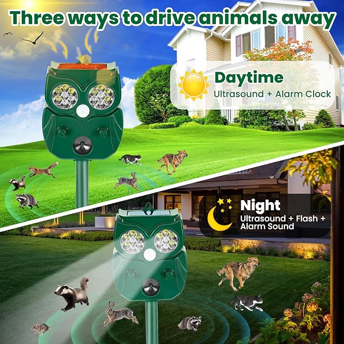 Solar Ultrasonic Animal Repellent Outdoor, 4Pack Waterproof Deer Repellent Devices with RIP Motion Sensor, Cat Repellent with LED Flashing Lights, Raccoons, Skunks, Rabbits Deer Deterrent Outdoor