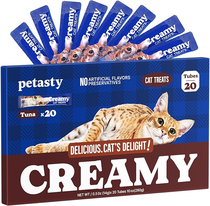 Lickable Cat Treats, High Moisture Hydrating Creamy Puree Squeeze Tubes, Tuna Flavor, 20 Tubes 0.5oz, Grain-Free, Omega Oils & Vitamin E, Skin & Coat Health, Digestive and Immune Support