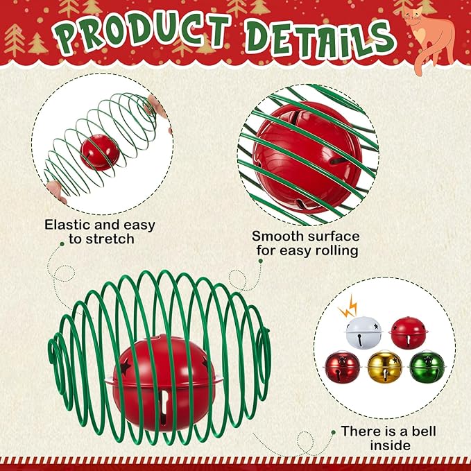 Jecery 5 Pcs Cat Spring Balls Toys Stretchable Rolling Balls Colorful Playful Coils Interactive Action Toy Caged Rats for Kitten Pet Supplies (Bell,Christmas Colors)