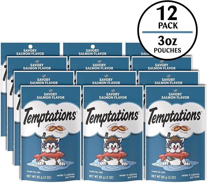 Temptations Cat Treats Classic Crunchy and Soft Cat Treats, Savory Salmon Flavor, 3 oz. Pouches (Pack of 12)