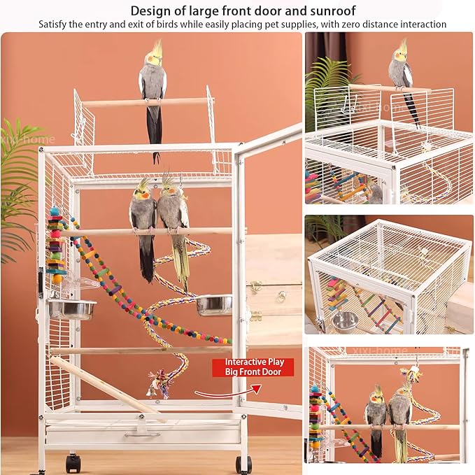 xixi-home Clear Parrot Cage,Metal Bird Cage Ornamental Cage -with Play Top and Wheel,Large Bird Cage Flying Birdcage for Outdoors (Type B - White)