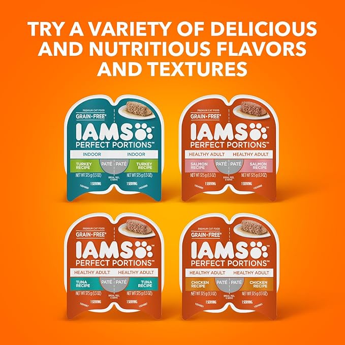 IAMS Perfect Portions Grain Free Wet Cat Food, Indoor Adult Cat Food Wet Cuts in Gravy, Chicken Recipe, (24) 2.6 oz. Twin-Pack Trays