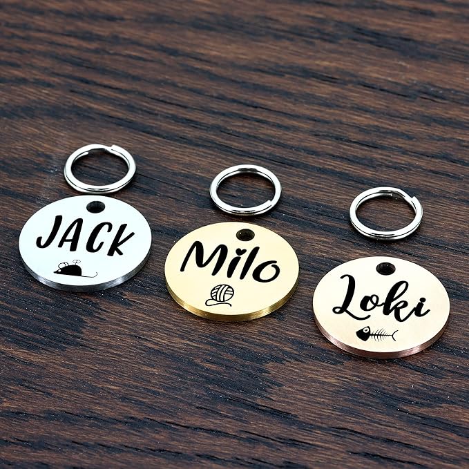 Ultra Joys Cat ID Tag Personalized Pet Tags, Durable Stainless Steel Small Pet Mini Dog Cat Tag Lightweight -Round Tag in Gold
