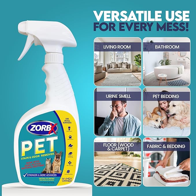 ZORBX Pet Stain and Odor Remover Spray 24 FL Oz - Dual Action Stain Remover & Pet Odor Neutralizer - Pet Stain Remover for Carpet, Dog & Cat Urine - Odor Absorber for Strong Odor