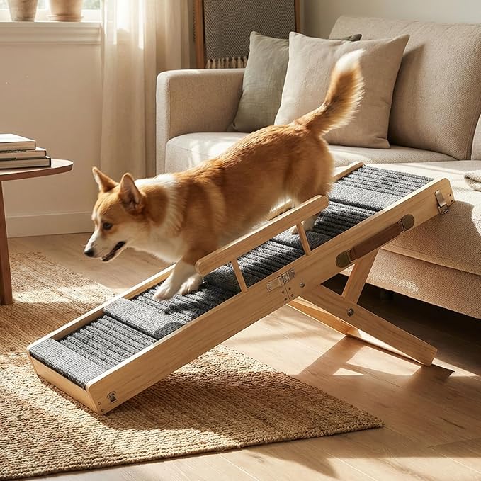 Upgraded Dog Ramp for Couch, Foldable Wooden Pet Ramp with 4 Adjustable Heights from 14'' to 22", Portable Pet Steps with Detachable Guardrails for Small Dogs, Puppies, Injured and Old Dogs