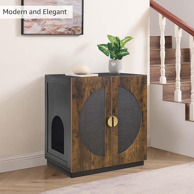 unipaws Tall Cat Litter Box Enclosure with Shelves, Hidden Litter Box Cover for Tall or Top Entry Litter Box, Kitty Enclosed Litter Box Cabinet, Cat Box Furniture, Rustic