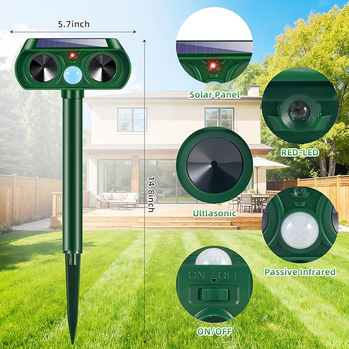 2 Pack Solar Ultrasonic Animal Repeller Outdoor, Cat Deer Repellent Devices with Motion Sensor, IP65 Waterproof Animal Deterrent Devices for Squirrels,Rabbits,Dogs,Raccoons,Skunks for Garden Yard Farm