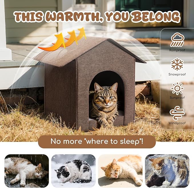 Outdoor Cat House Weatherproof, Insulated Cat Dog Houses for Outdoor/Indoor Cats for Winter, Waterproof Feral Stray Cat Shelter with Warm Cushion for All Seasons, Easy to Assemble, Brown