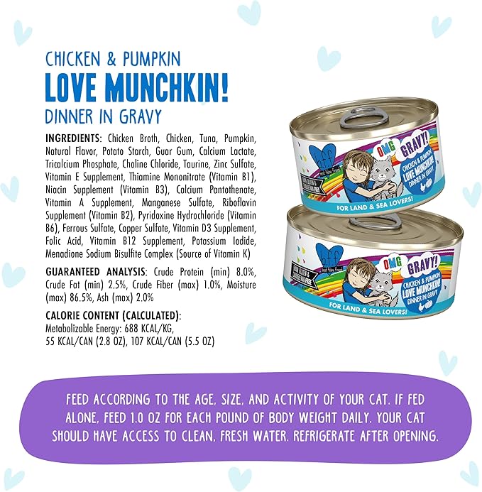 Weruva B.F.F. OMG - Best Feline Friend Oh My Gravy!,Love Munchkin! with Chicken & Pumpkin in Gravy Cat Food,5.5oz Can,(Pack of 16)