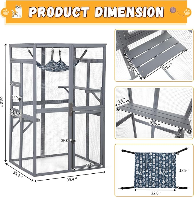 Catio Outdoor Cat Enclosure - Premium Wooden Cat Catio with Window Access & Breathable Mesh, Weatherproof Kitty House for Patio/Backyard/Indoor (Gray)