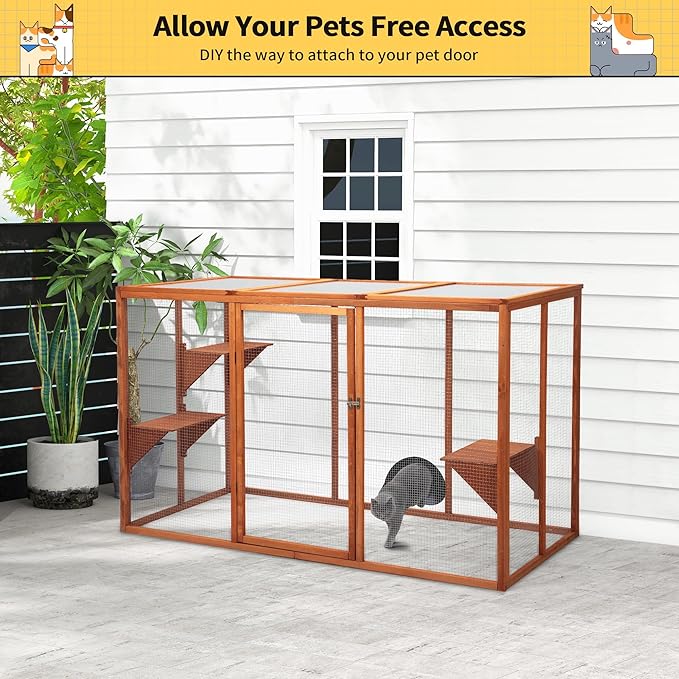 Catio Outdoor Cat Enclosure, 71" Large Weatherproof Catios with Cedar Wood Frame for cat Patio, Heavy Duty Outdoor Cat Condo & Cage, Indoor cattio for Cats (Orange-Red, Large)