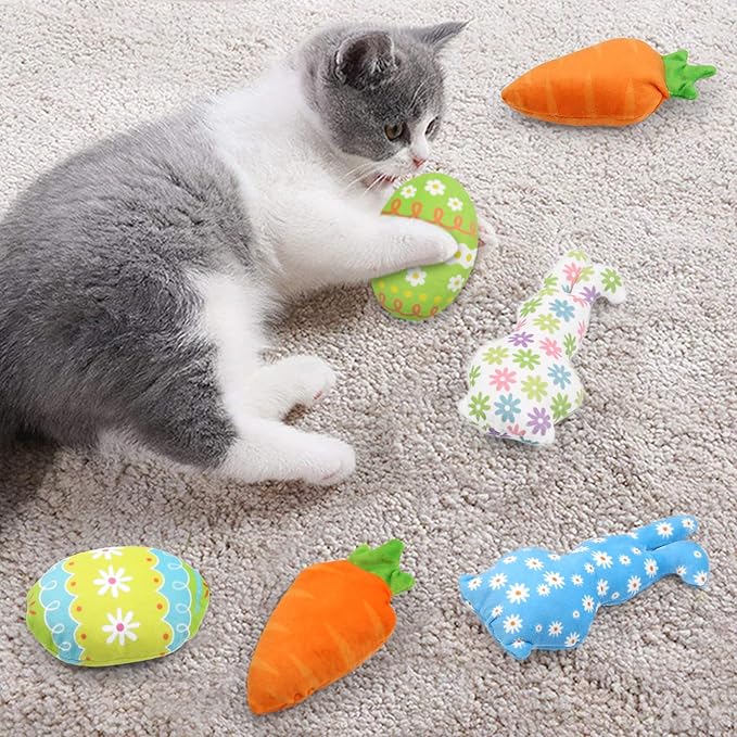 CiyvoLyeen Easter Spring Cat Catnip Kitten Chew Bite Toys Interactive Pillows Teeth Plush Plaything for Cat Gift Cat Lover Funny Pets Supplies Set of 6