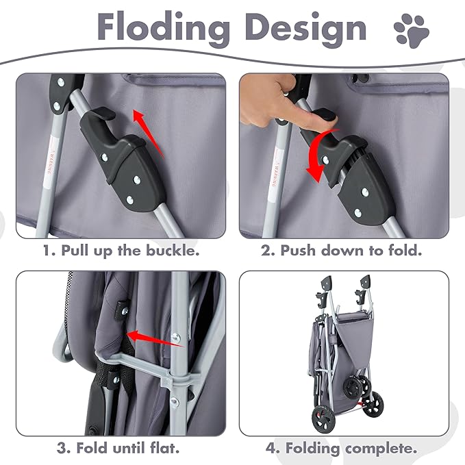 DUMOS 3 Wheels Pet Stroller for Small Dogs and Cats – Foldable Dog Stroller with Mesh Windows, Storage Basket & Cup Holder, Lightweight & Durable Pet Carrier for Travel, Outdoor Use – Grey