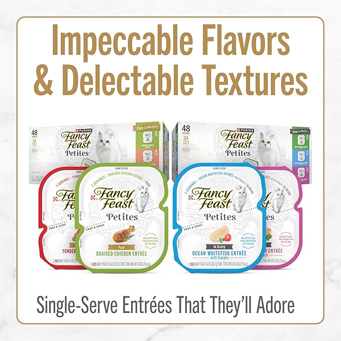 Purina Fancy Feast Gourmet Wet Cat Food Variety Pack, Petites Gravy Collection, break-apart tubs, 48 servings - (Pack of 24) 2.8 oz. Tubs