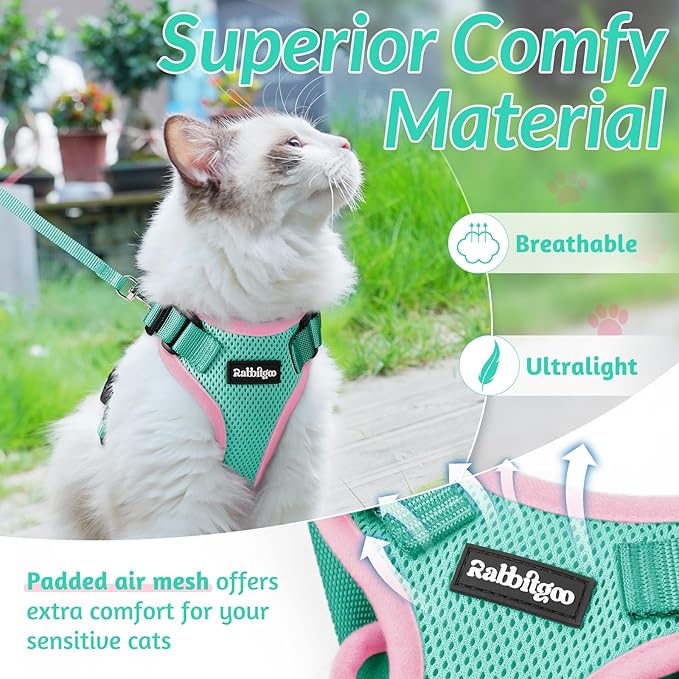 rabbitgoo Cat Harness and Leash for Walking, Escape Proof Soft Adjustable Vest Harnesses for Cats, Easy Control Breathable Reflective Strips Jacket, Green&Pink, XS