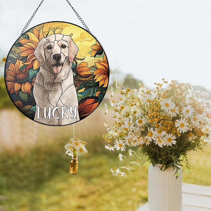 Lovely POD Personalized Pet Stained Glass Suncatcher, Custom Name Pet Photo Memorial Ornament Window Hanging, Remembrance Sympathy Gift for Loss of Pet Dog Cat, Bereavement Keepsake