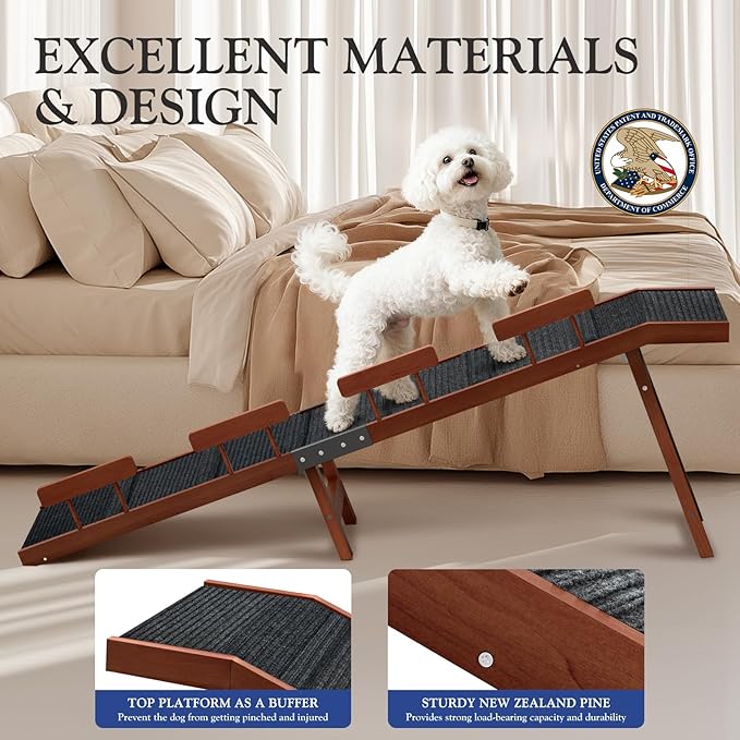 Easyego Foldable Dog Ramp for Bed, 74" Wood Pet Ramp with Side Rails and High Traction Carpet, 22° Gentle Long Slope, Top Landing Platform, Supports up to 200 LBS for Senior Dogs - Vintage Walnut