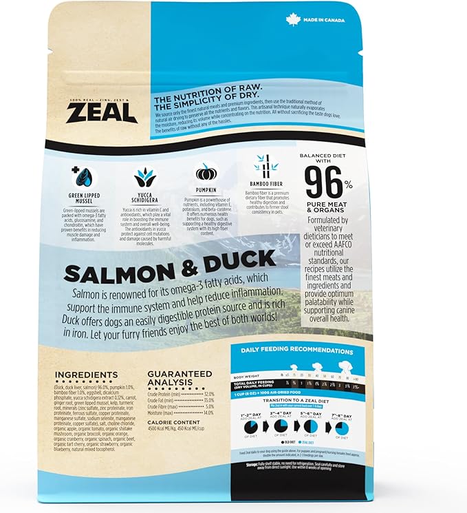 ZEAL Canada Air-Dried Salmon & Duck Recipe for Dogs - Superfood Omega-3 Rich, Dual-Protein, Grain Free, No Fillers, Complete Nutrition (Salmon & Duck, 2.2 lb)