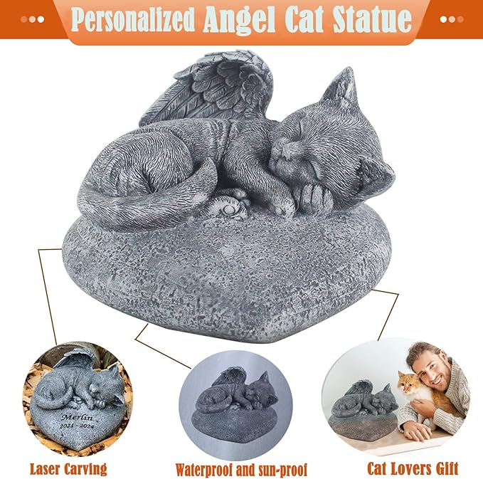 Custom Angel Cat Memorial Grave Marker Tribute Statue,Personalized Pet Cat Headstone Memorial Gift Garden Stone, Engraved with Name and Date,Gift for Sweet Kitty