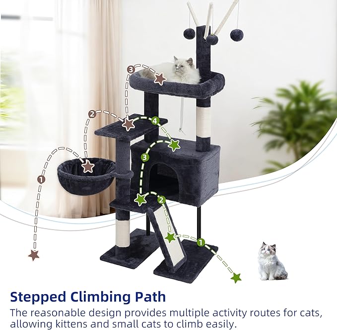 Cat Tree for Indoor Cats, Cat Tower with Scratching Post for Small Cats and Kittens, Cat House with Removable Top Platform and Fluffy Balls, Hanging Cat Basket, Smoky Gray GCT006SG