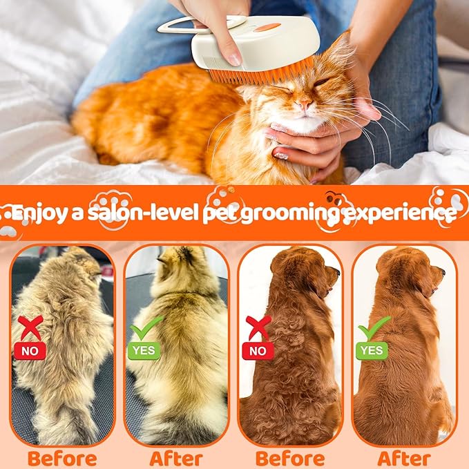 Pet Steam Brush, Shower Bath Brush, Grooming Water Brushes for Long & Short Haired Pets, Cat Steam Brush, Dog Brush for Shedding, Mist Spray Hair Removal Comb (Orange)