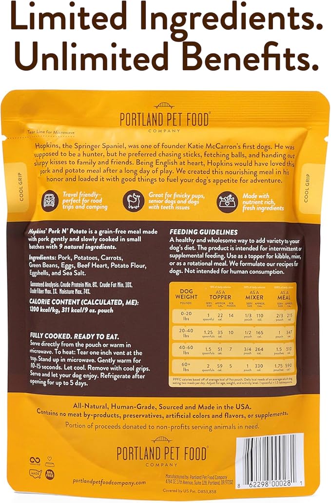 Portland Pet Food Company Fresh Dog Food Pouches - Human-Grade Toppers Wet Meal & Mixers - Grain-Free, Limited Ingredient Hopkin's Pork N’ Potato - Small & Large Breed Puppy & Senior Dogs - 5 Pack