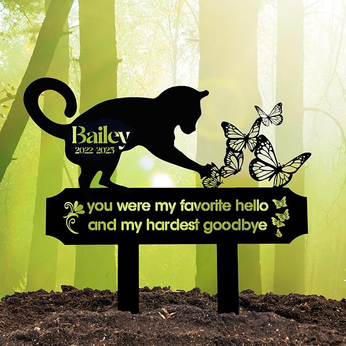 Sleeping Cat Grave Marker – Personalized Outdoor Pet Memorial Stone with Custom Name and Lifespan Dates, Engraved Cat Headstone for Garden or Cemetery, Durable Tombstone for Pet Loss Tribute