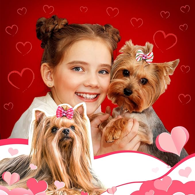 Tondiamo 100 Pieces Pink Valentine Dog Hair Bows with Rubber Bands Red Purple Rhinestone Puppy Grooming Topknot Bow Candy Tree Santa Reindeer Pet Hair Accessories for Small Girl