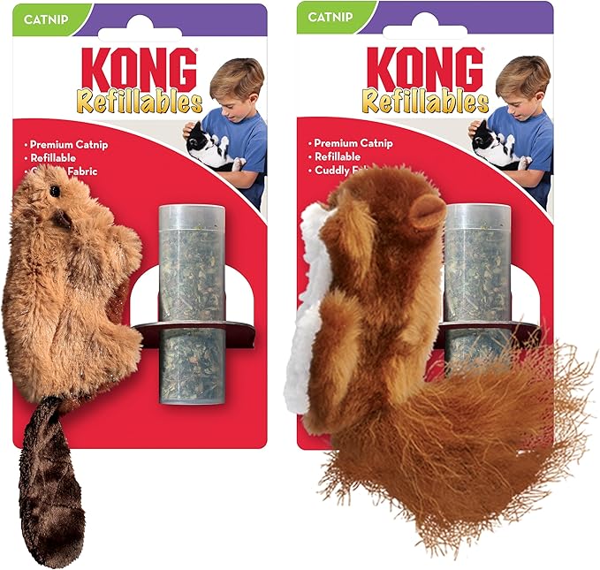 KONG Refillables Catnip Toys, Assorted 2-Pack – Plush Cat Toys with Refillable Catnip Pouch & Premium North American Catnip (Beaver and Squirrel)
