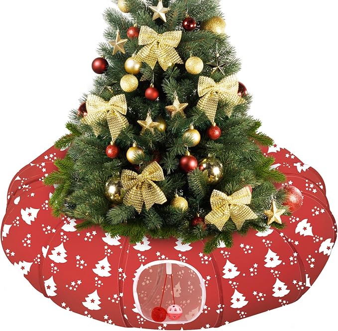 Pawaboo Cat Tunnel Bed Under Christmas Tree, 35.4'' Christmas Cat Toy Circle Tunnel with Ball,Cats Tunnels Christmass Trees Skirt Decorative Festive Foldable Kitty Tube Tunnels for Cats(Red Xmas Tree)