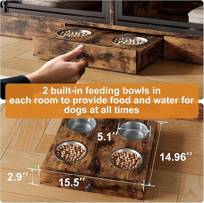 GAOMON Dog Crate Furniture for 2 Dogs, 78.7'' Large Dog Kennel Indoor with 4 Storage Drawers and Feeding Bowls, Double Dog Crate TV Stand for Small and Medium Dogs, Brown