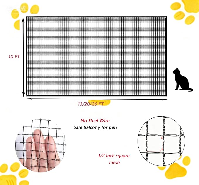 JUNFLYING Cat Netting Balcony 10x26 FT, Wire-Free Pet Protection Mesh for Fall Prevention, Heavy-Duty Catio Screen Barrier for Apartment, Window, Staircase, Terrace and Patio