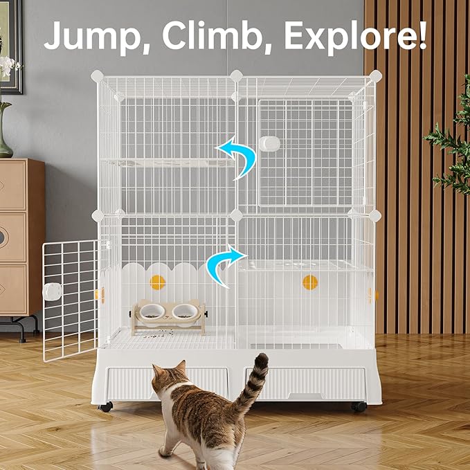 Oneluck Cat Cage Indoor On Wheels,Cat Kennel with Litter Box,35.5" L x 21.6" W x 44.4" H,Ideal for 1-3 Cats