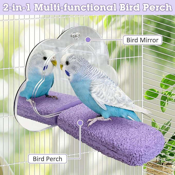 PINVNBY 2 PCS Bird Mirror with Perch Resin Parakeet Perches Hanging Parrot Toys Interactive Bird Cage Accessories for Cockatiel Conure Lovebird Finch (Purple)