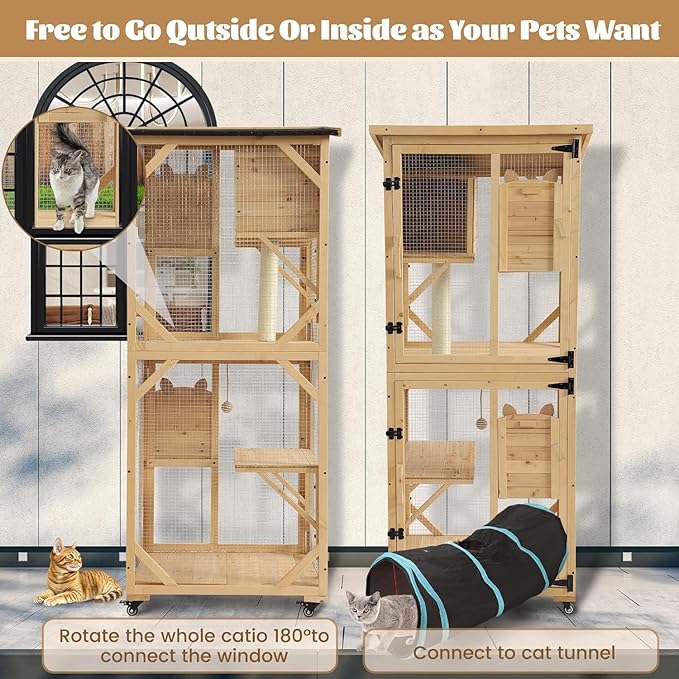 TITIMO 71" Catio Cat Enclosure Window, Large Outdoor/Indoor Cat House for Multiple Cats, Wooden Kitty Condo W/Waterproof Roof, Platforms, Resting Box, Scratching Post, Sisal Ball, Wheels