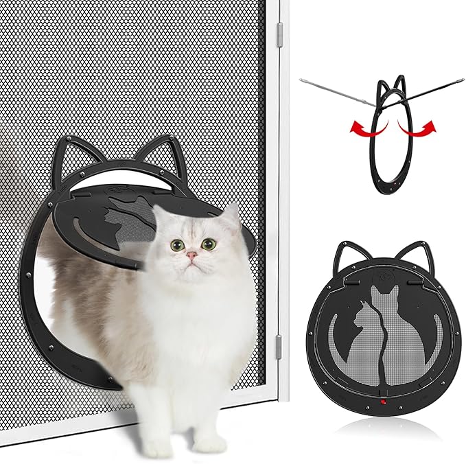 HIDROSIL Cat Door for Screen Door, Inside Openning 10x10x0.5 inch, Patent Desigh Pet Screen Door with Lockable Magnetic Flap for Doggy and Cat Door, Suitable 0-18lb Cats and Small Dogs, Black
