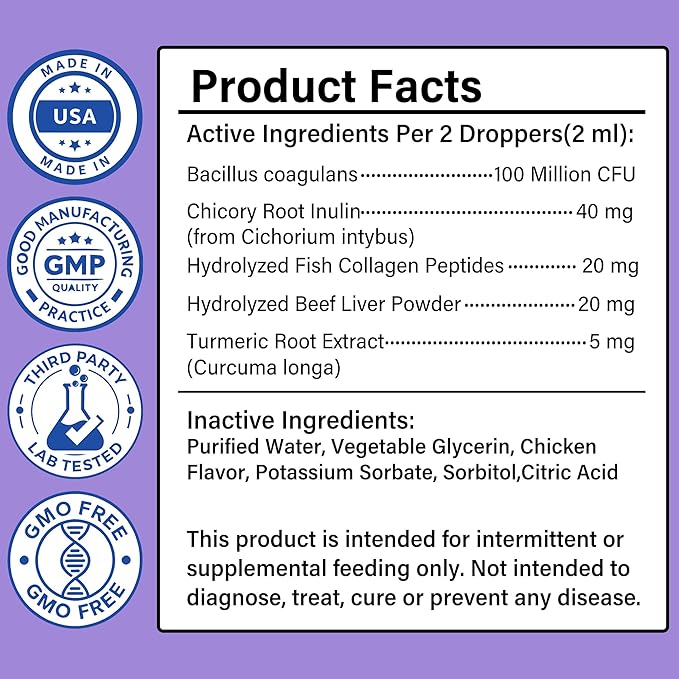 Liquid Probiotics for Cats with Prebiotics & Collagen, Digestive Health Supplement for Constipation, Diarrhea Relief & Immune Support, Skin and Coat Stool Softener, Chicken Flavor, 2 fl oz